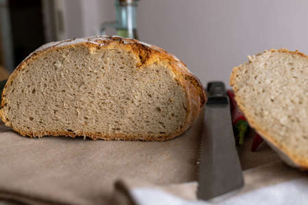 Polish bread on a country table. Plum taste of summer. A home-made breakfast. Europe, Poland, Mazovia.の写真素材