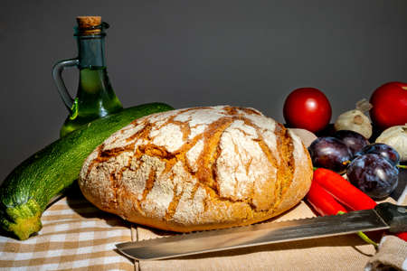 Polish bread on a country table. Plum taste of summer. Europe, Poland, Mazovia.の写真素材