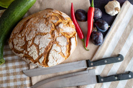 Polish bread on a country table. Plum taste of summer. A home-made breakfast. Europe, Poland, Mazovia.の写真素材