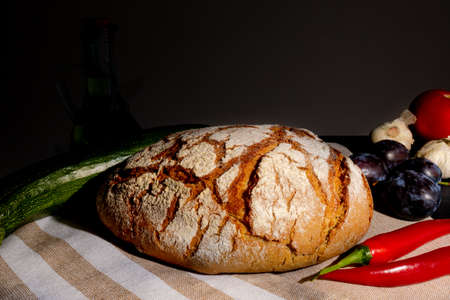 Polish bread on a country table. Plum taste of summer. Europe, Poland, Mazovia.の写真素材