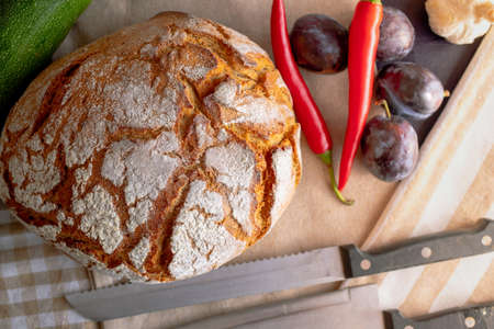 Polish bread on a country table. Plum taste of summer. Europe, Poland, Mazovia.の写真素材