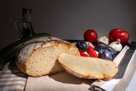 Polish bread on a country table. Plum taste of summer. A home-made breakfast. Europe, Poland, Mazovia.の写真素材