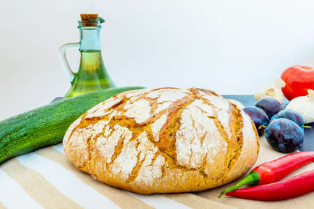 Polish bread on a country table. Plum taste of summer. Europe, Poland, Mazovia.の写真素材