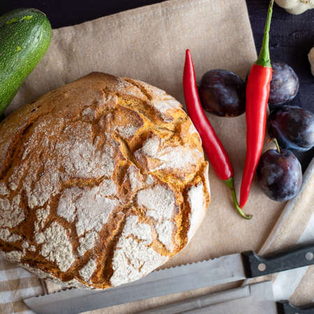 Polish bread on a country table. Plum taste of summer. A home-made breakfast. Europe, Poland, Mazovia.の写真素材