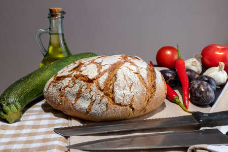 Polish bread on a country table. Plum taste of summer. Europe, Poland, Mazovia.の写真素材
