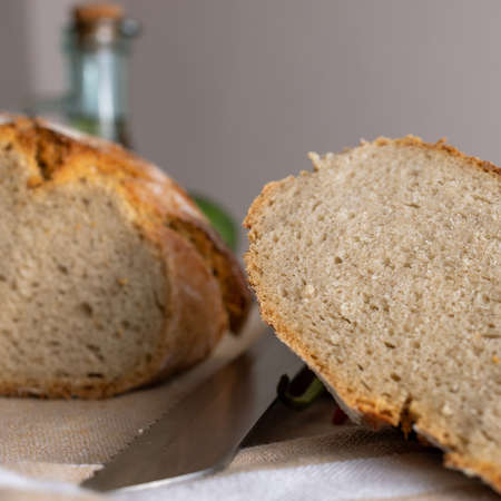 Polish bread on a country table. Plum taste of summer. A home-made breakfast. Europe, Poland, Mazovia.の写真素材