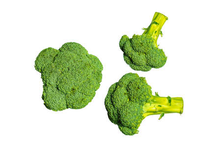 Three broccoli on a white background. Healthy vegetables. Products for vegetarian. Green vegetables.の写真素材