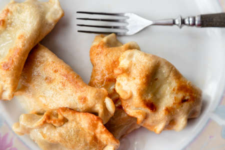 Fried dumplings and fork on a plate. Homemade dumplings. Polish delicacies. Eastern European cuisines.の写真素材