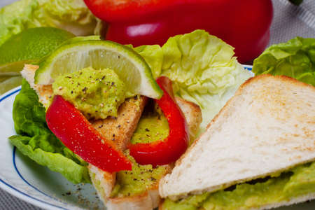 Plate with vegan sandwich, avocado paste. Pieces of red pepper, Roman lettuce and lemon. Dietary Breakfast.の写真素材