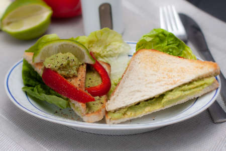 Plate with vegan sandwich, avocado paste. Pieces of red pepper, Roman lettuce and lemon. Dietary Breakfast.の写真素材