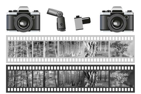 Analog camera, flash lamp,  35mm film roll, black and white negative and slide. Photo equipment collage.  Retro photography. Monochrome clipart of a twentieth century technician. 135mm negative. Diapositive material. の写真素材
