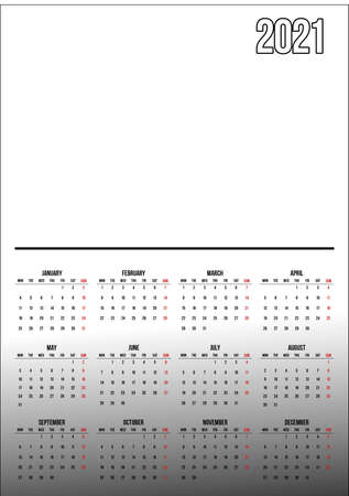 Calendar for 2021. Monochrome, black and white colors. Place your own photo. 12 months on one page.のイラスト素材