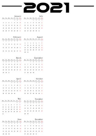 Calendar for 2021.12 months on one tab. Vertical two columns. Monochrome, black and white colors. A place for your own photo. White background.のイラスト素材