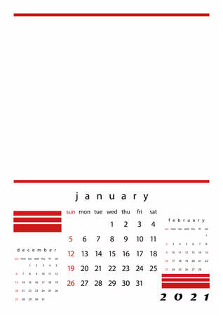 2021 calendar one page one month. Twelve pages of the calendar. White background with red elements. The month before and after. English language version.のイラスト素材