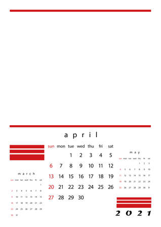 2021 calendar one page one month. Twelve pages of the calendar. White background with red elements. The month before and after. English language version.のイラスト素材