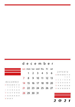 2021 calendar one page one month. Twelve pages of the calendar. White background with red elements. The month before and after. English language version.のイラスト素材
