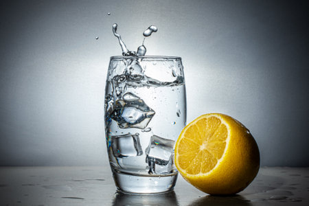 A glass of water, lemon, and ice. Water splash, storm in a glass of water. Round monochrome gradient background.の写真素材