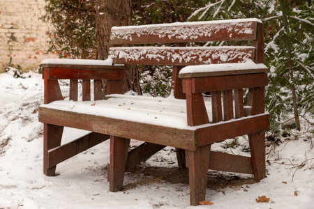Winter garden. Snow-covered old bench. Snow on conifers. January in the Polish garden. Park in winter.の写真素材