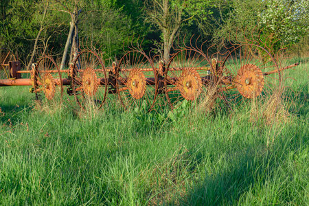 Old farm machine for turning hay. Rusty agricultural equipment in the light of the setting sun. Rural landscape, Poland, Mazoviaの写真素材