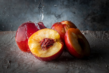 Fresh red nectarines with water splashes on dark background.の写真素材