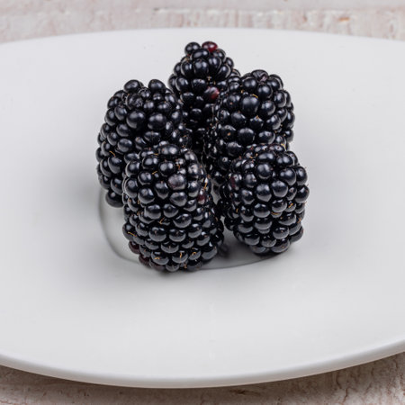 Ripe blackberries in a white plate on a light background.の写真素材