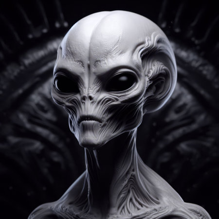 3d rendered illustration of an alien in black and white with a skullの素材