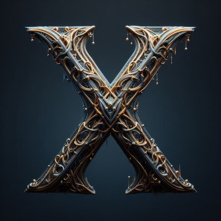 Symbol X made of forged elements on a dark background. 3d renderingの素材