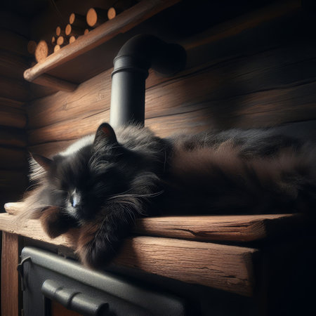 Cute cat sleeping on a wooden shelf in a cozy room.の素材