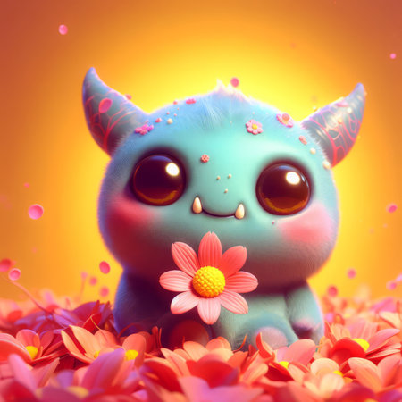 Funny monster with flower on orange background. 3D rendering.の素材