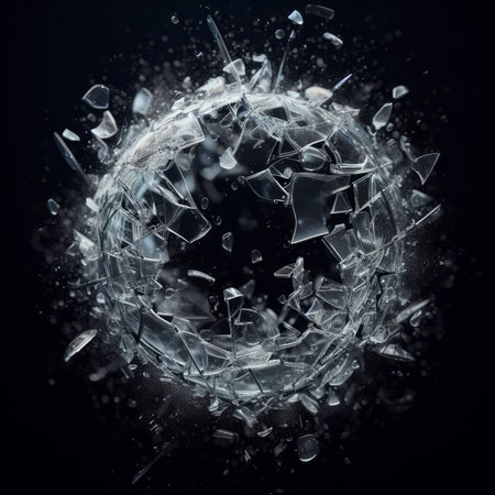 Broken glass ball isolated on black background. 3d render illustrationの素材