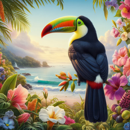 Toucan on the beach with flowers in the background. Digital painting.の素材