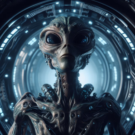 3D rendering of a female robot in a futuristic space environment.の素材
