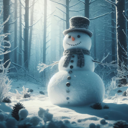 Funny snowman in the winter forest. Christmas and New Year background.の素材