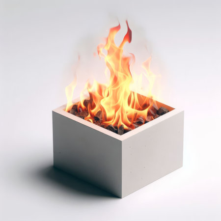 Burning fire in a box on a white background. 3d renderingの素材
