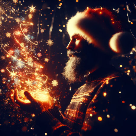 Handsome bearded man in santa claus hat with magic christmas treeの素材