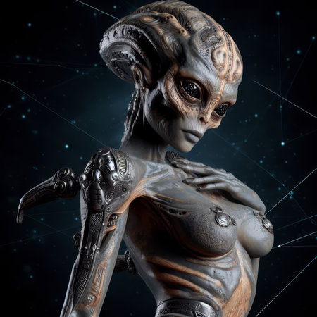 3D rendering of a female alien with a fantasy alien body in spaceの素材
