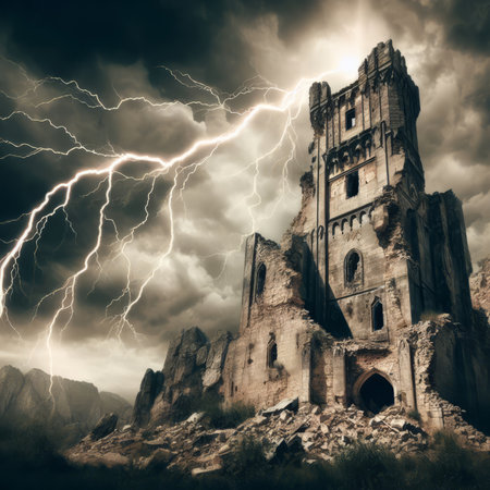 Scary landscape with ruins of medieval castle and lightning. Collage.の素材