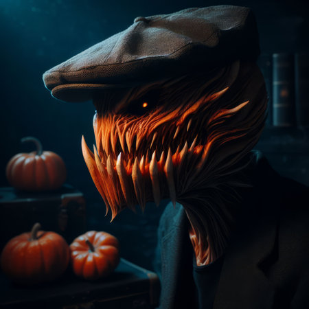 Halloween concept. Man in witch hat with pumpkin on dark background.の素材