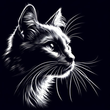 Cat head on a black background. Black and white vector illustration.の素材