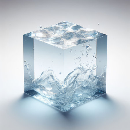 Ice cube with water splashes isolated on white background. 3d illustrationの素材