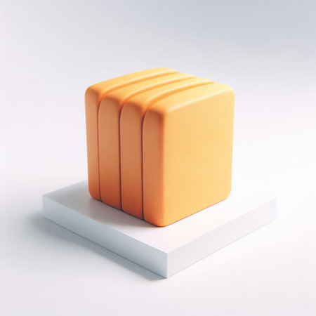 3d rendering of orange cube podium on white background with shadow.の素材
