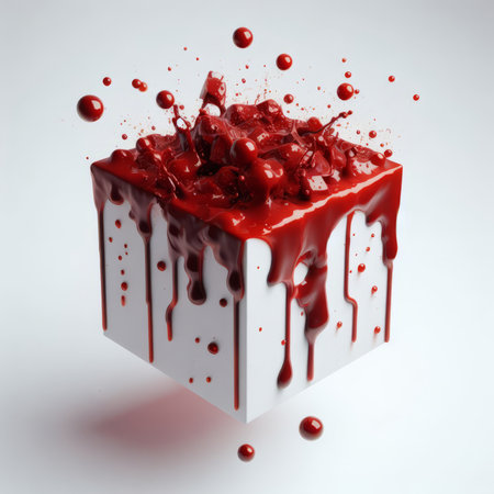 3d rendering of a red cube with blood splashes isolated on white backgroundの素材