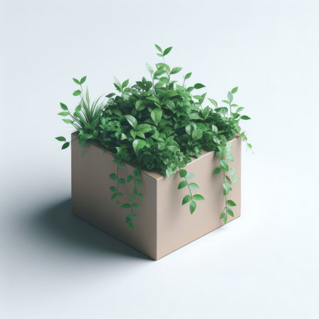 3d rendering of a green plant in a box on a white backgroundの素材