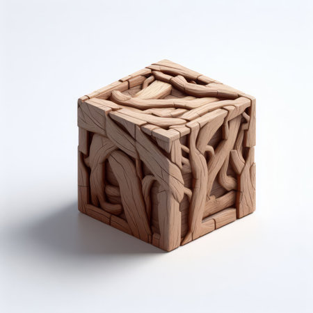 Wooden cube on a white background. 3d render image.の素材