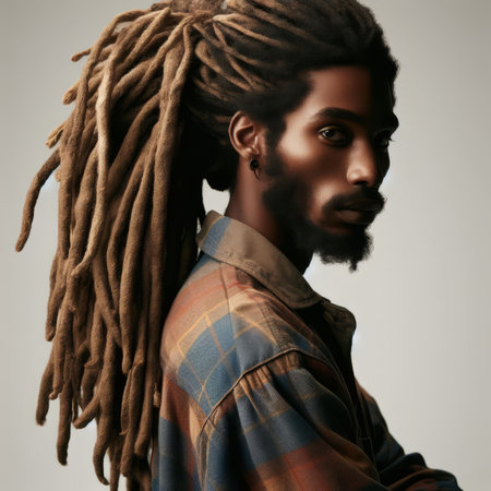 Young african american man with dreadlocks hairstyle. Studio shot.の素材