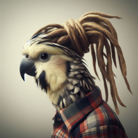 Portrait of a cockatoo parrot in a plaid shirtの素材