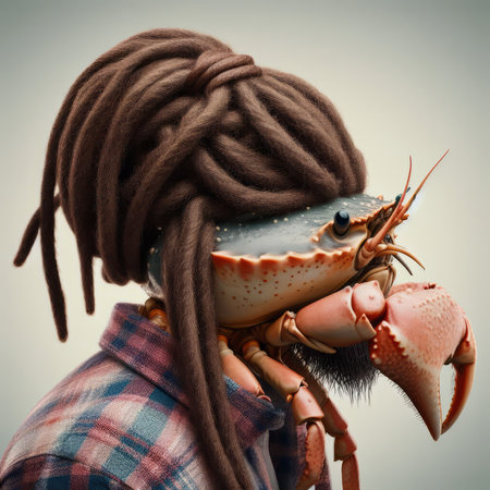 Portrait of a young man with dreadlocks and a crab.の素材