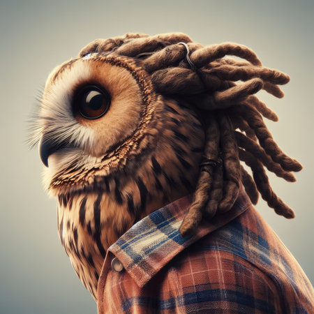 Portrait of an owl in a plaid shirt on a gray background.の素材