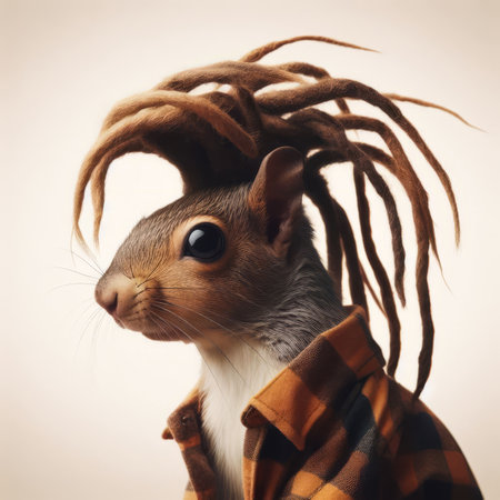 Funny squirrel with dreadlocks in a checkered plaidの素材