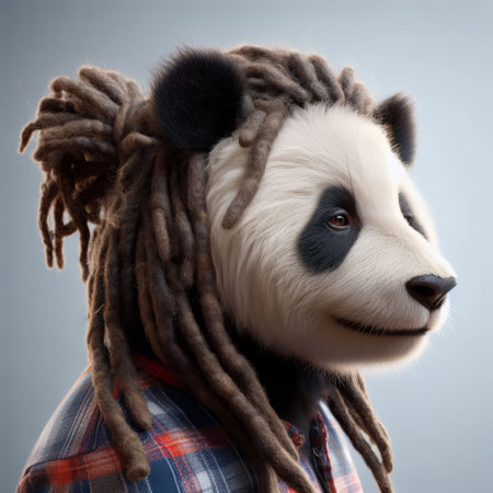 studio portrait of a giant panda bear with dreadlocks on his headの素材